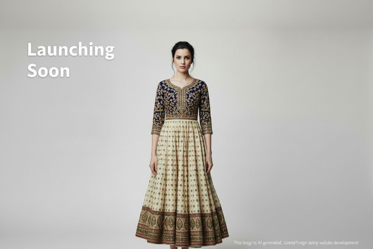 Woman wearing a traditional outfit which german women would wear 
with intricate designs on a gray background, text 'Launching Soon' displayed.